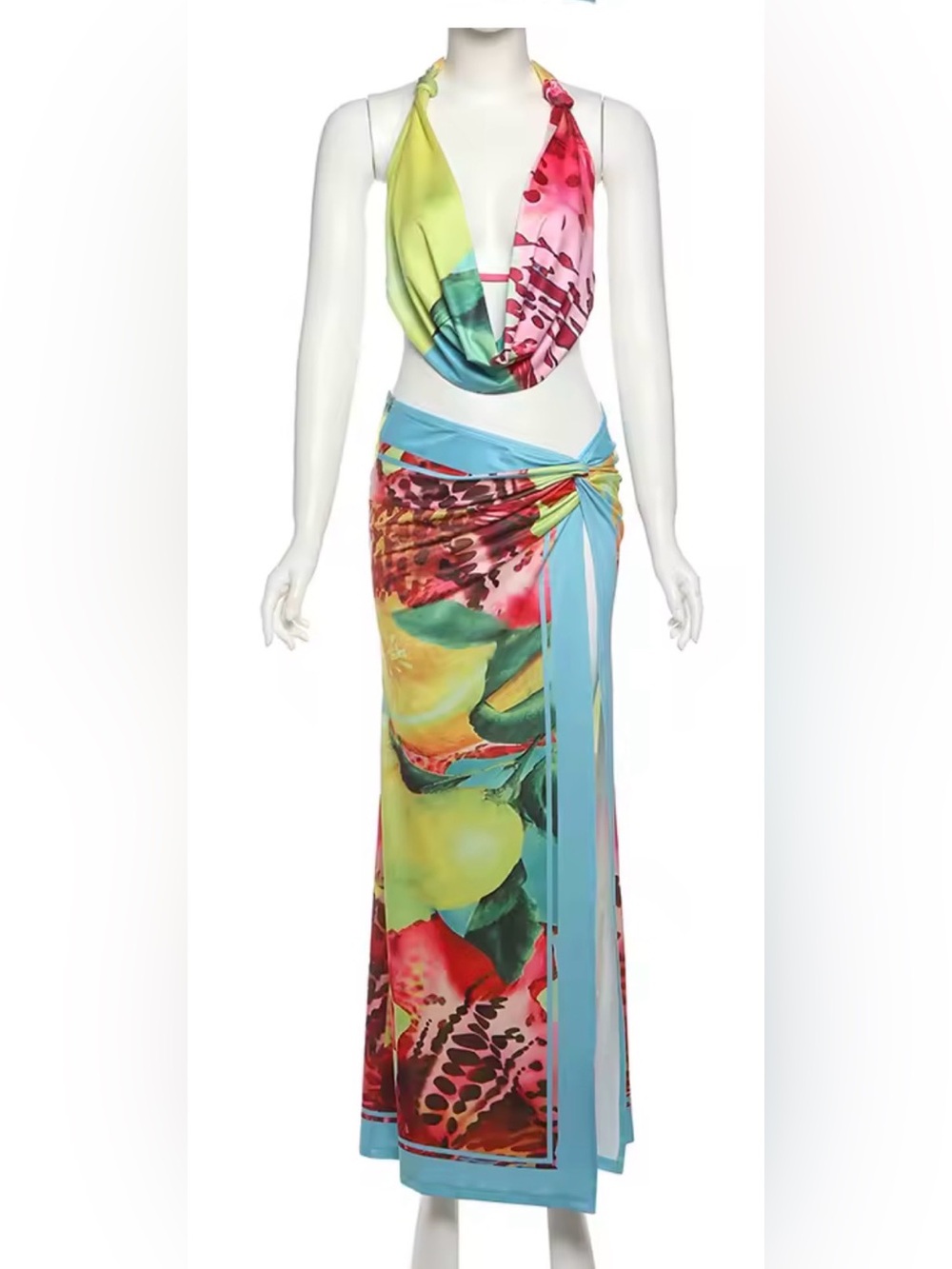 Multi-Color Halter Maxi Dress with Draped Top